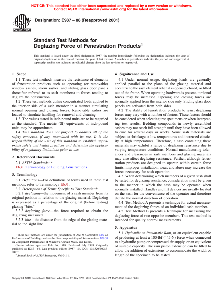 ASTM E987-88(2001) - Standard Test Methods for Deglazing Force of Fenestration Products