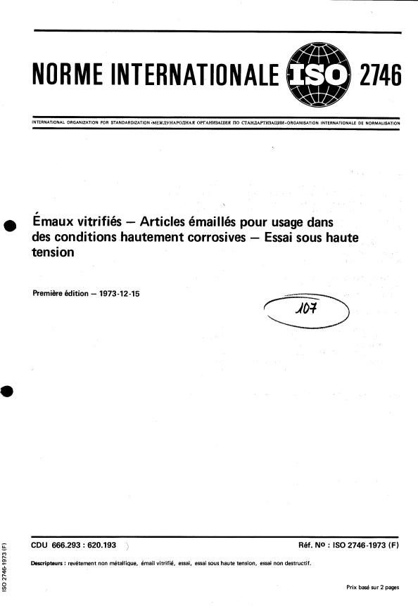 ISO 2746:1973 - Émaux vitrifiés -- Articles émaillés pour usage dans des conditions hautement corrosives -- Essai sous haute tension