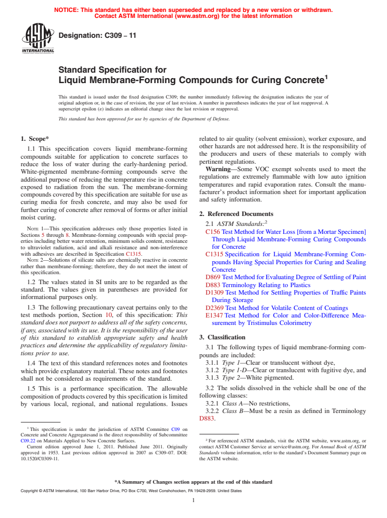 ASTM C309-11 - Standard Specification for Liquid Membrane-Forming Compounds for Curing Concrete