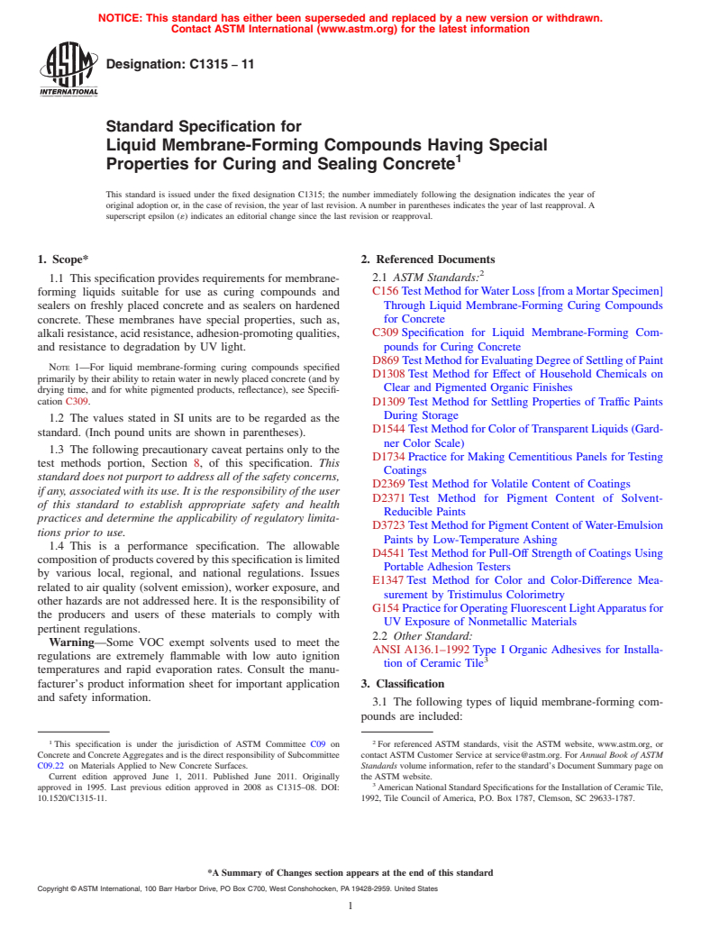 ASTM C1315-11 - Standard Specification for  Liquid Membrane-Forming Compounds Having Special Properties for Curing and Sealing Concrete