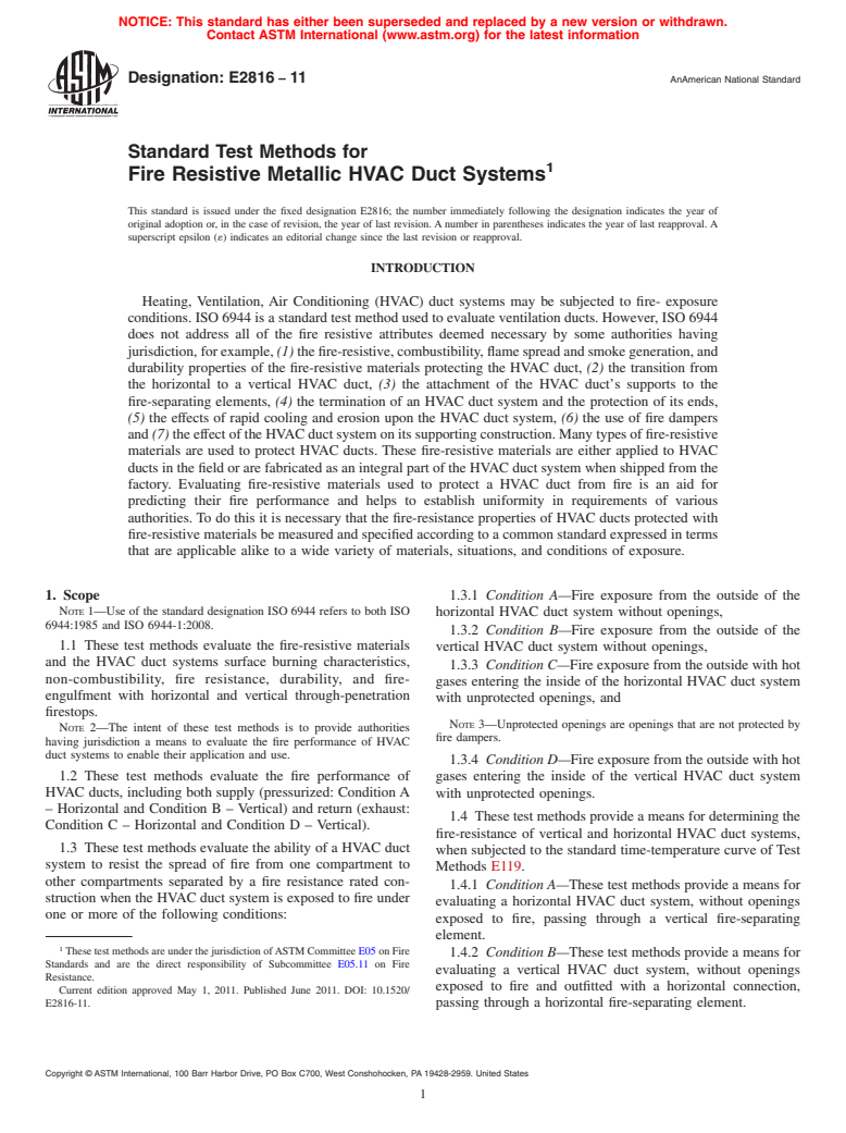 ASTM E2816-11 - Standard Test Methods for  Fire Resistive Metallic HVAC Duct Systems