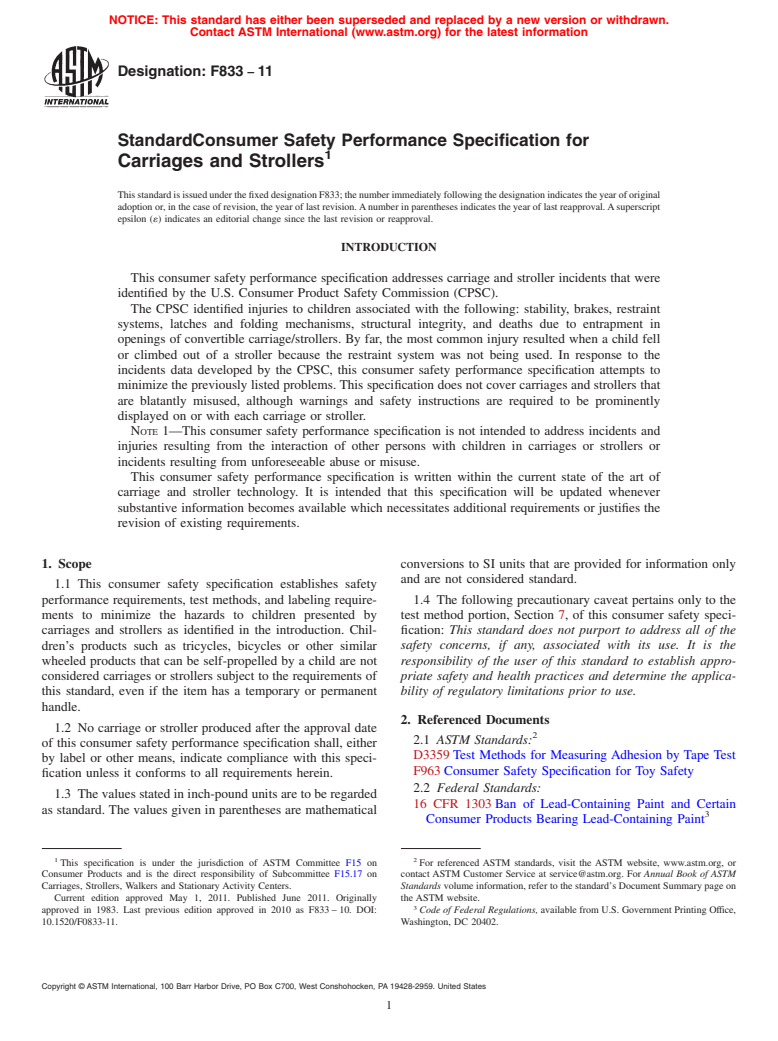 ASTM F833-11 - Standard Consumer Safety Performance Specification for Carriages and Strollers