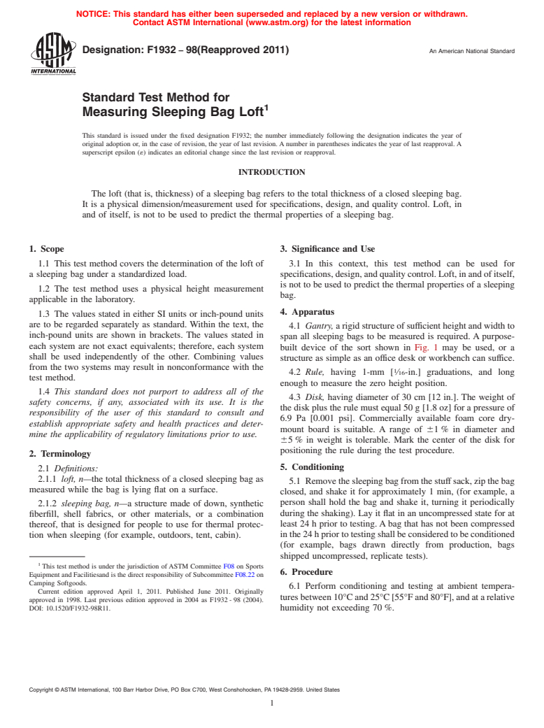 ASTM F1932-98(2011) - Standard Test Method for Measuring Sleeping Bag Loft