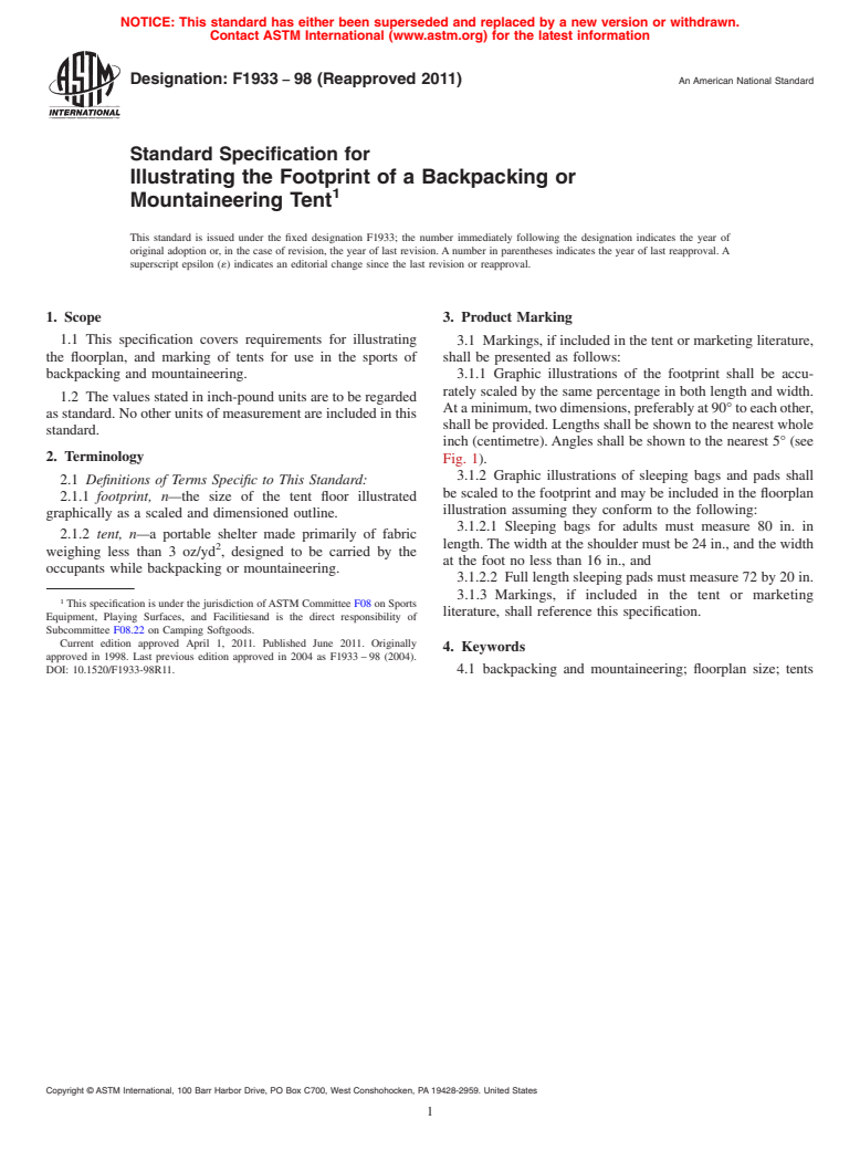 ASTM F1933-98(2011) - Standard Specification for Illustrating the Footprint of a Backpacking or Mountaineering Tent