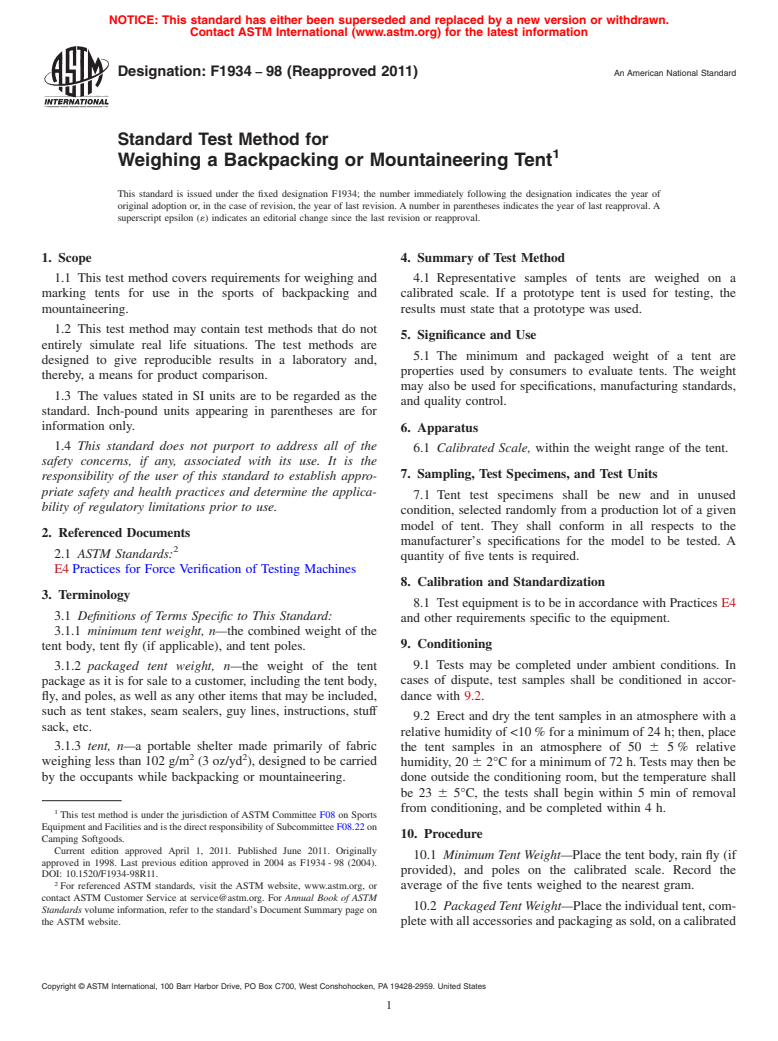 ASTM F1934-98(2011) - Standard Test Method for Weighing a Backpacking or Mountaineering Tent