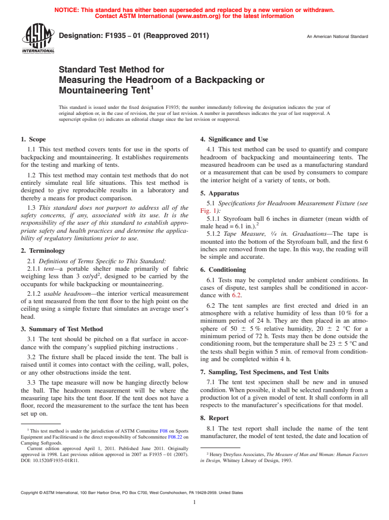 ASTM F1935-01(2011) - Standard Test Method for Measuring the Headroom of a Backpacking or Mountaineering Tent