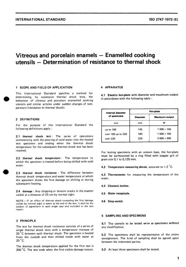 ISO 2747:1973 - Vitreous and porcelain enamels -- Enamelled cooking utensils -- Determination of resistance to thermal shock