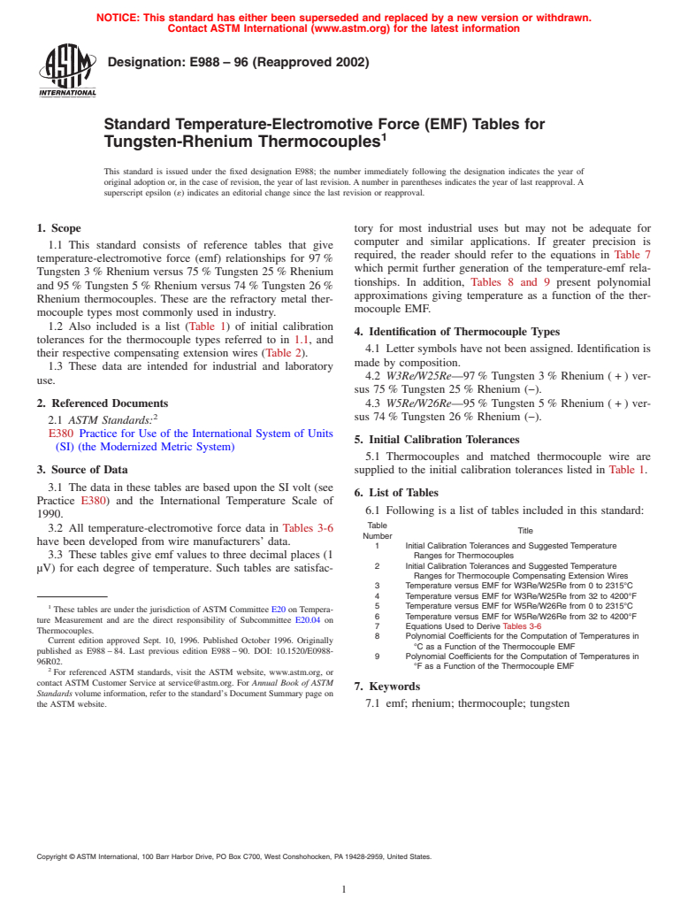 ASTM E988-96(2002) - Standard Temperature-Electromotive Force (EMF) Tables for Tungsten-Rhenium Thermocouples (Withdrawn 2011)