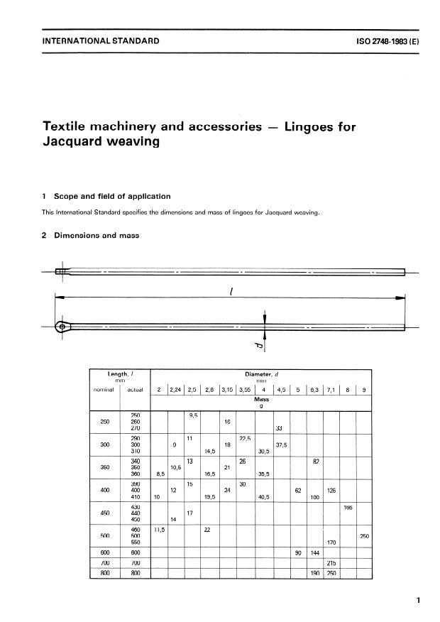 ISO 2748:1983 - Textile machinery and accessories -- Lingoes for Jacquard weaving
