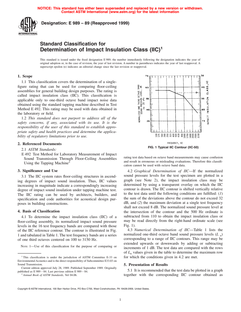 ASTM E989-89(1999) - Standard Classification for Determination of Impact Insulation Class (IIC)