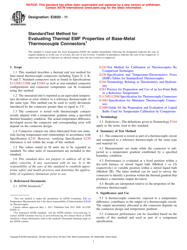 ASTM E2820-11 - Standard Test Method for Evaluating Thermal EMF Properties of Base-Metal Thermocouple Connectors