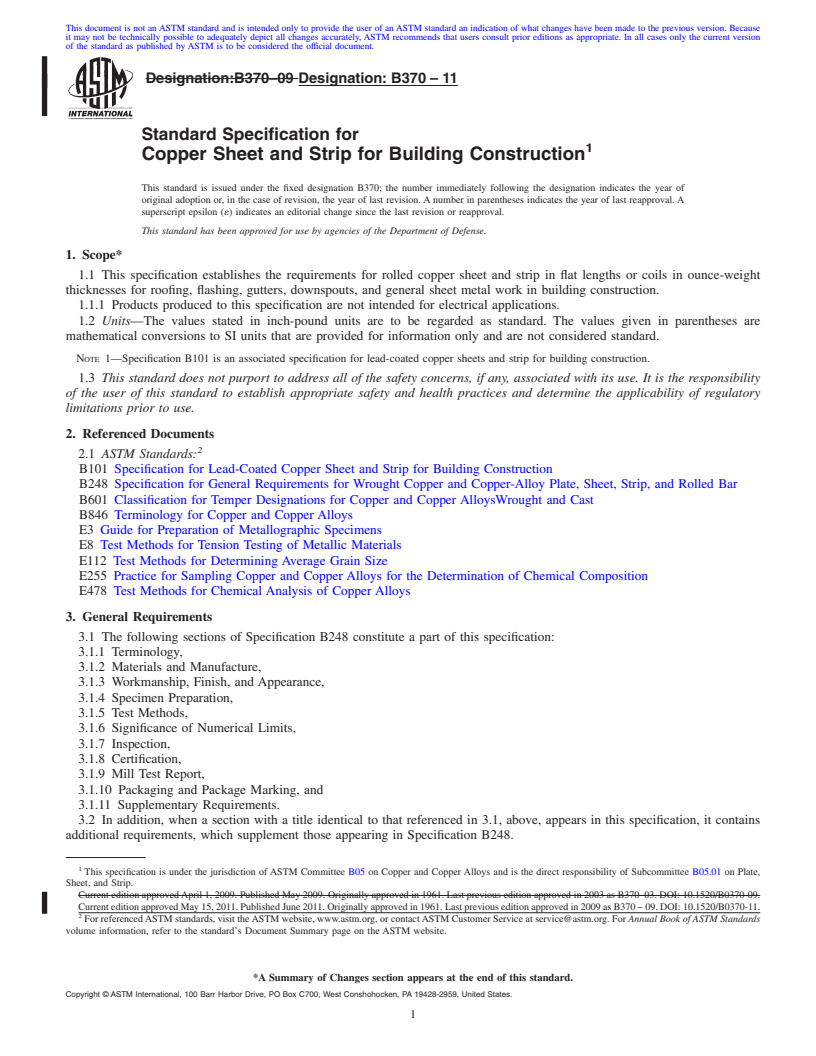 REDLINE ASTM B370-11 - Standard Specification for Copper Sheet and Strip for Building Construction