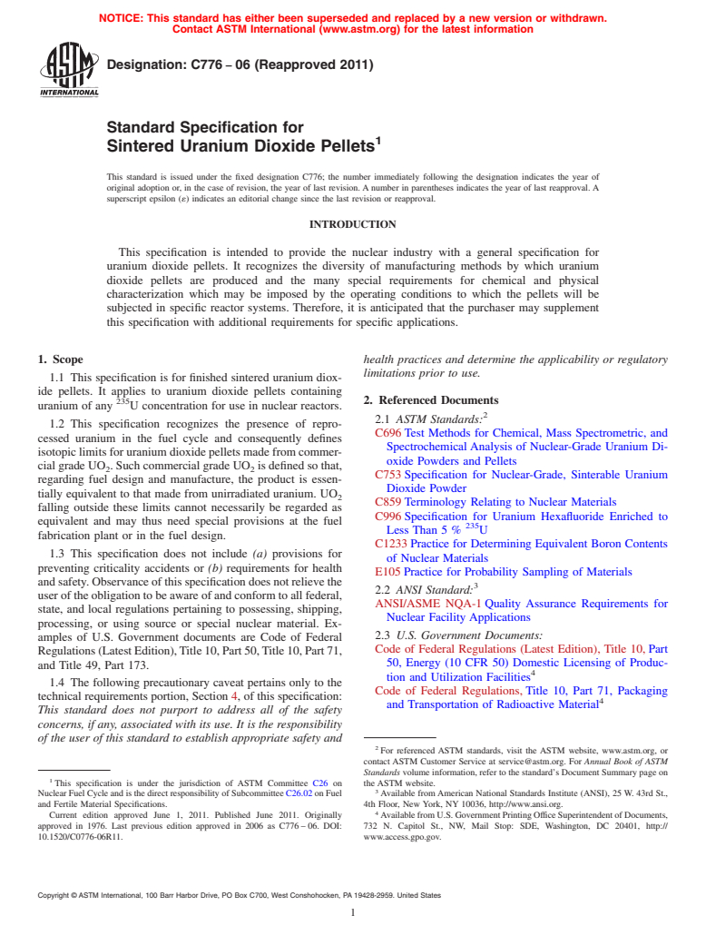 ASTM C776-06(2011) - Standard Specification for Sintered Uranium Dioxide Pellets