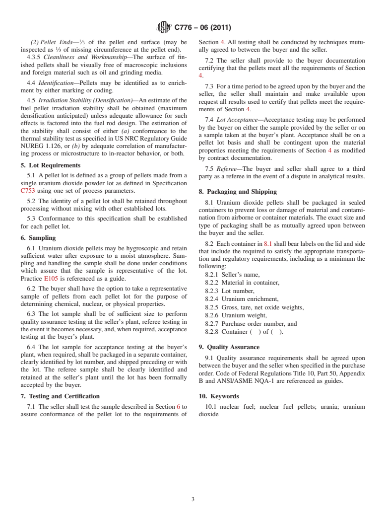 ASTM C776-06(2011) - Standard Specification for Sintered Uranium Dioxide Pellets