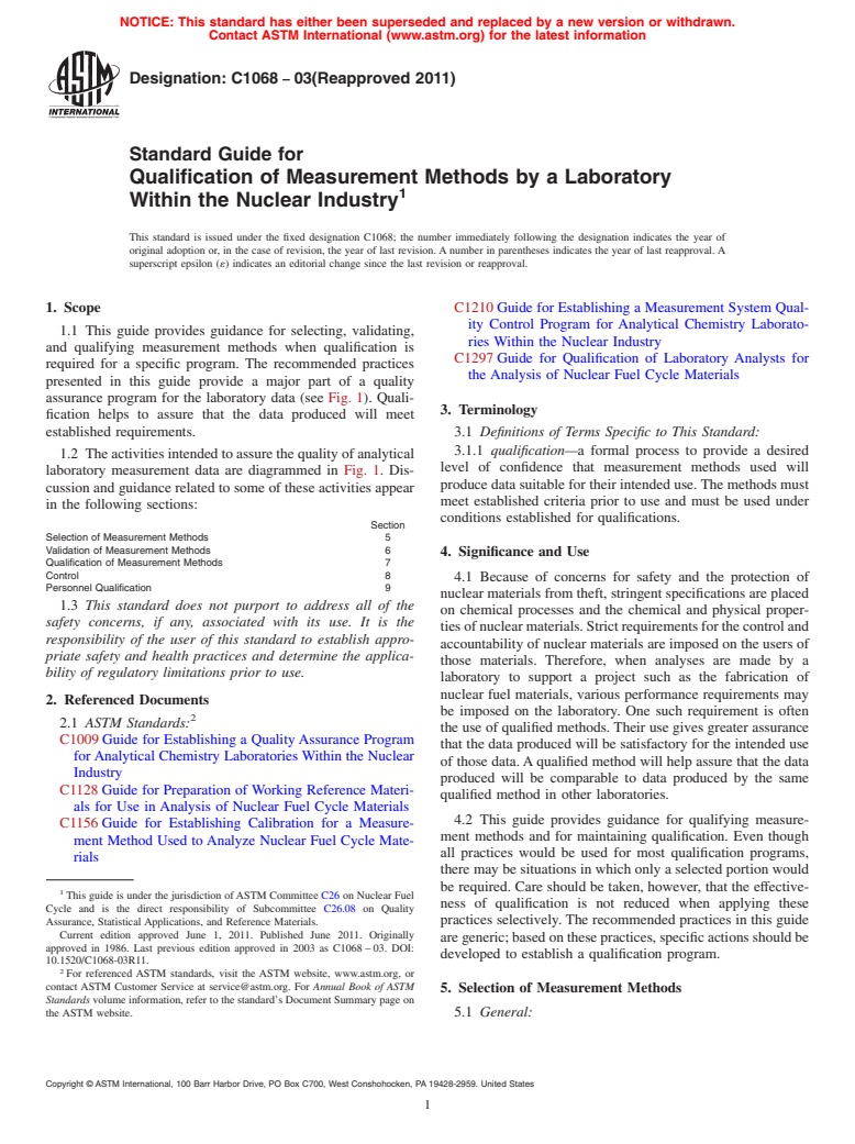 ASTM C1068-03(2011) - Standard Guide for Qualification of Measurement Methods by a Laboratory Within the Nuclear Industry