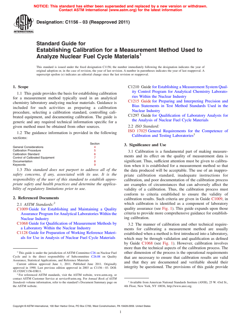 ASTM C1156-03(2011) - Standard Guide for Establishing Calibration for a Measurement Method Used to Analyze Nuclear Fuel Cycle Materials