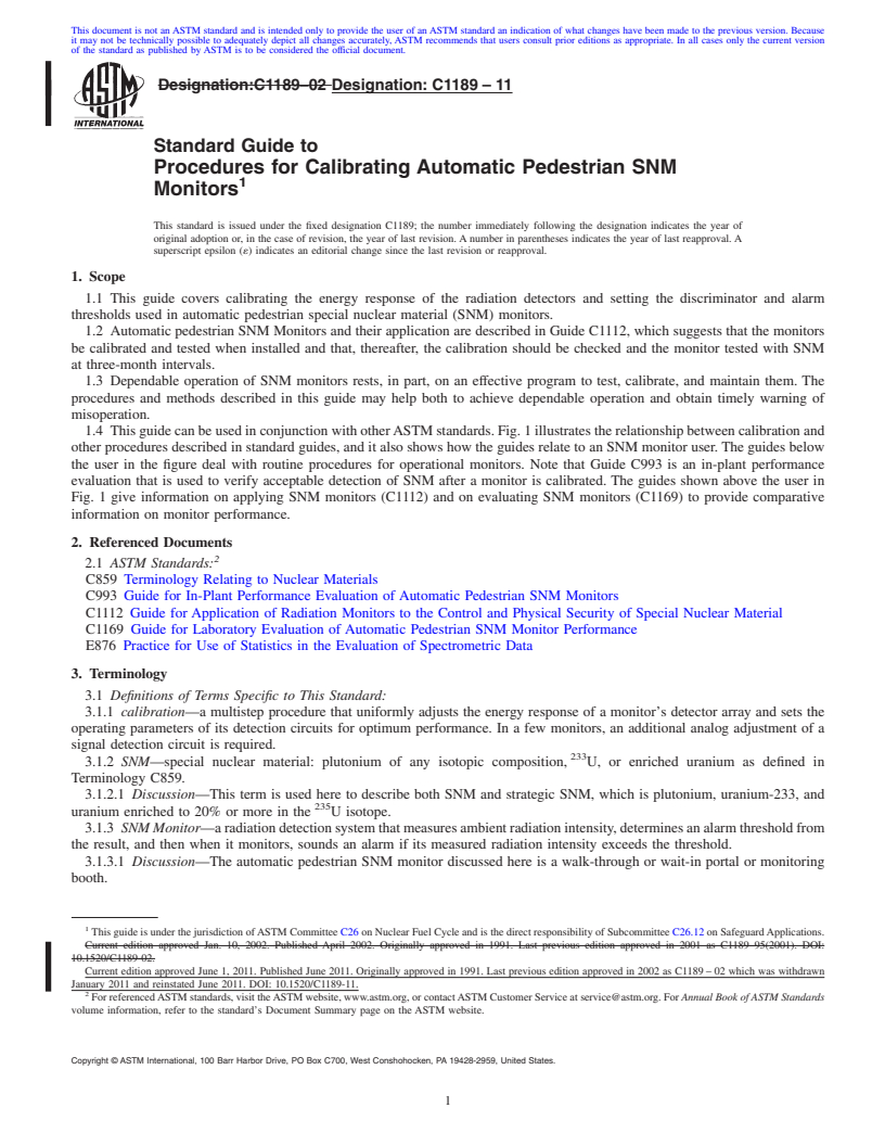 REDLINE ASTM C1189-11 - Standard Guide to Procedures for Calibrating Automatic Pedestrian SNM Monitors