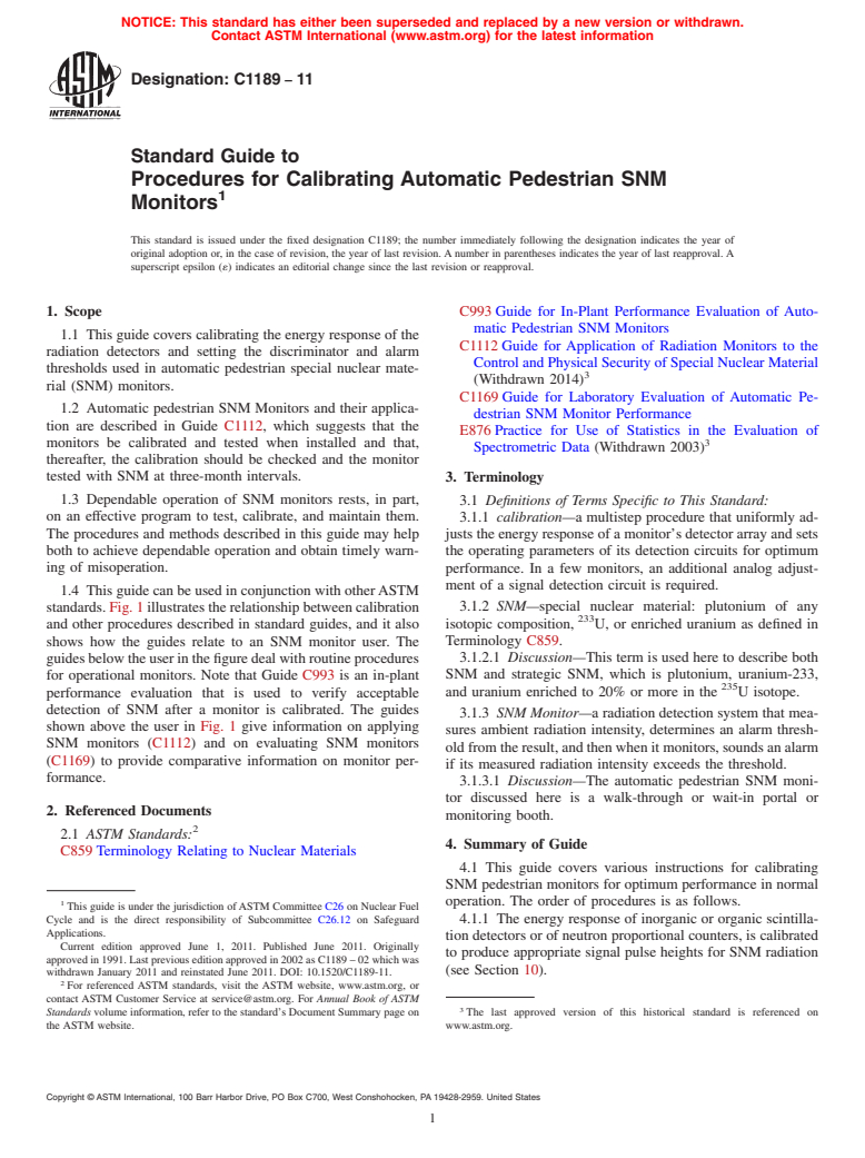 ASTM C1189-11 - Standard Guide to Procedures for Calibrating Automatic Pedestrian SNM Monitors