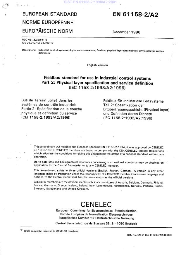 EN 61158-2:1998/A2:2001 - manjka prva stran IEC-ja