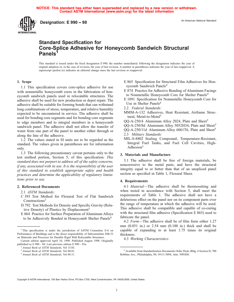 ASTM E990-98 - Standard Specification for Core-Splice Adhesive for Honeycomb Sandwich Shelter Panels