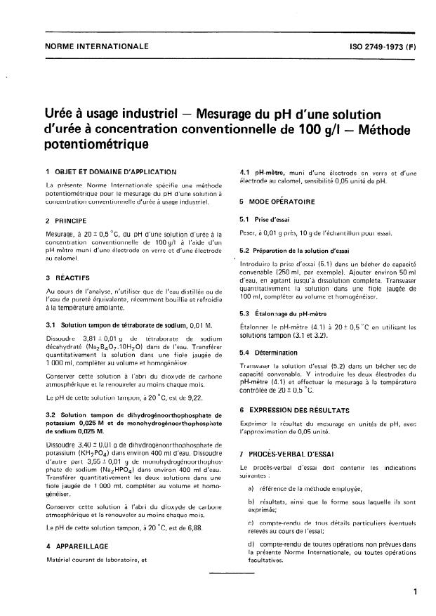 ISO 2749:1973 - Urée a usage industriel -- Mesurage du pH d'une solution d'urée a concentration conventionnelle de 100 g/l -- Méthode potentiométrique