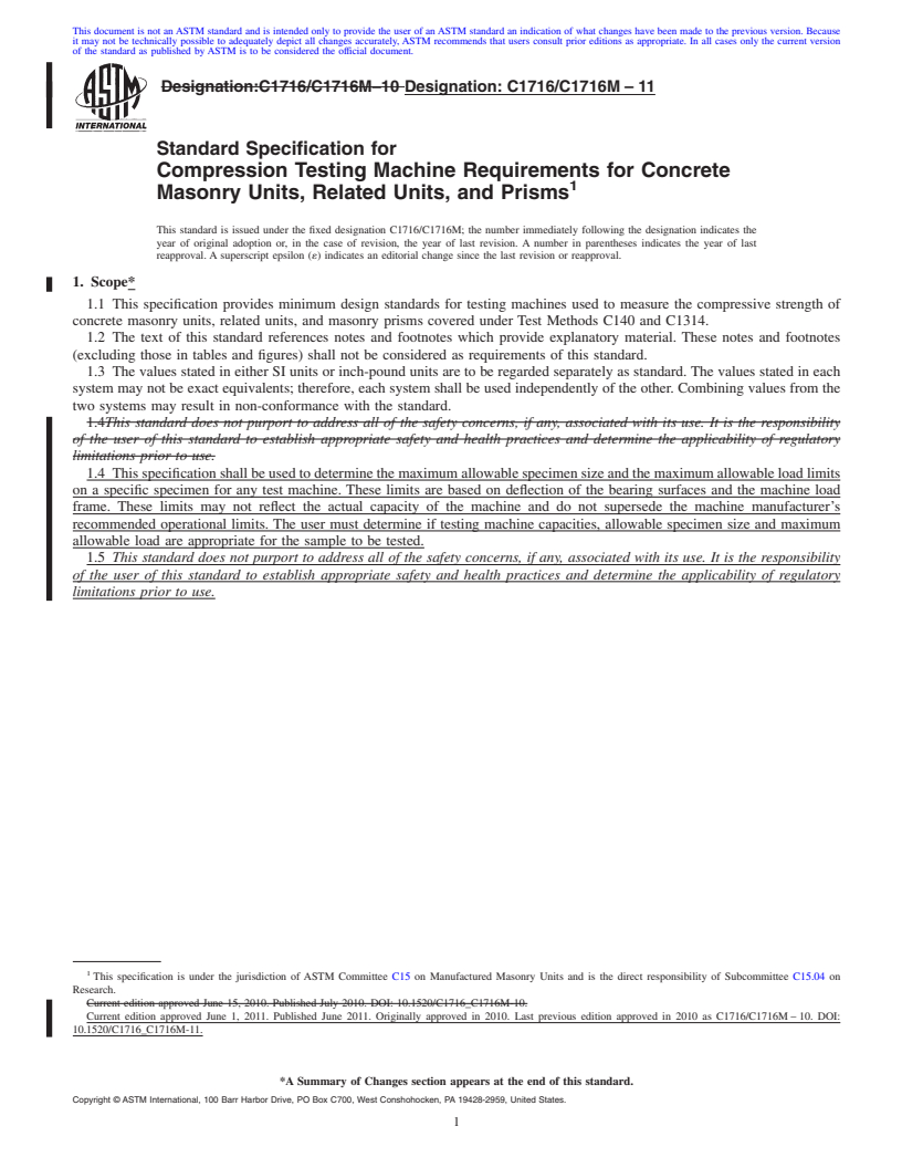 REDLINE ASTM C1716/C1716M-11 - Standard Specification for Compression Testing Machine Requirements for Concrete Masonry Units, Related Units, and Prisms