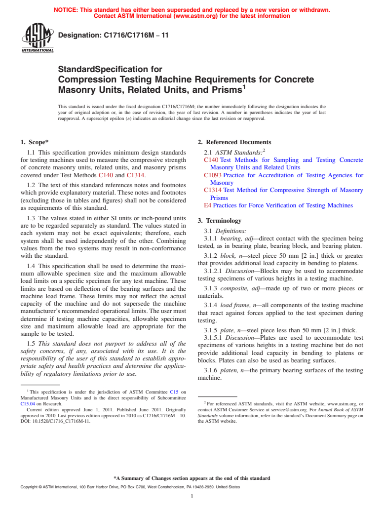 ASTM C1716/C1716M-11 - Standard Specification for Compression Testing Machine Requirements for Concrete Masonry Units, Related Units, and Prisms