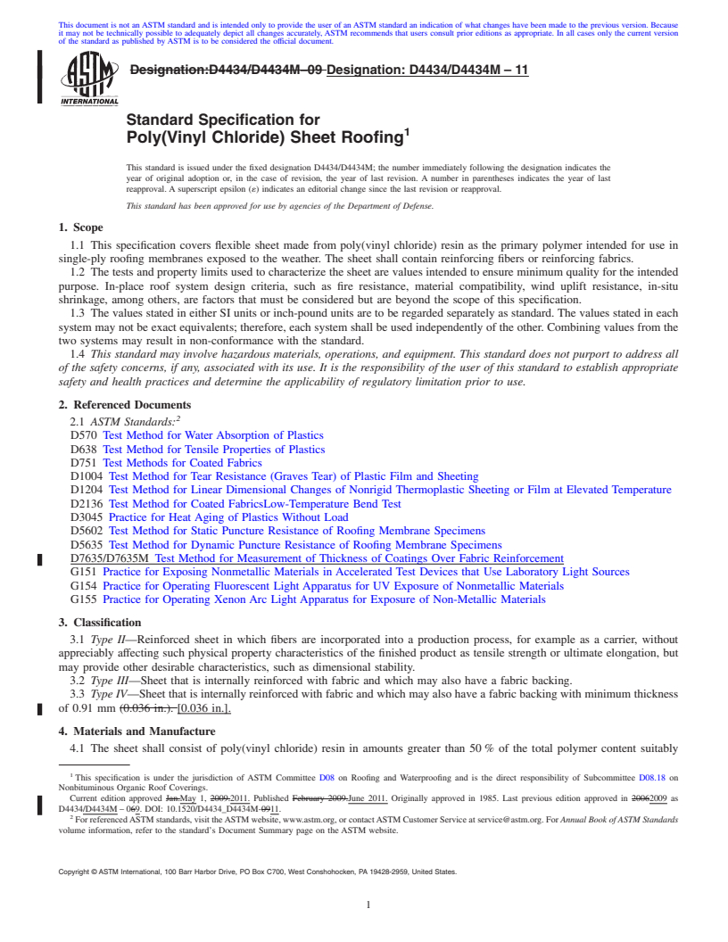 REDLINE ASTM D4434/D4434M-11 - Standard Specification for Poly(Vinyl Chloride) Sheet Roofing