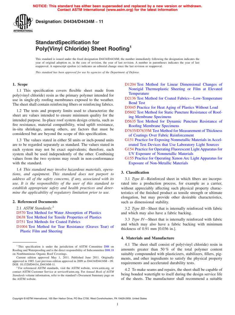 ASTM D4434/D4434M-11 - Standard Specification for Poly(Vinyl Chloride) Sheet Roofing