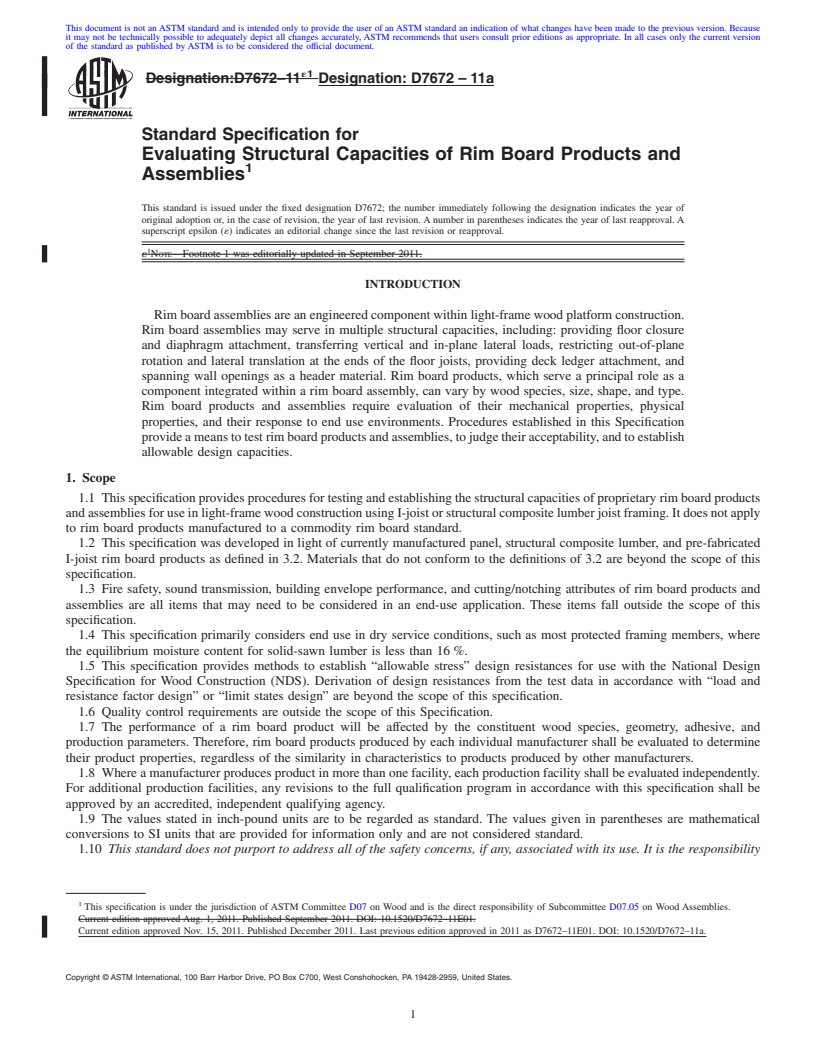 REDLINE ASTM D7672-11 - Standard Specification for Evaluating Structural Capacities of Rim Board Products and Assemblies