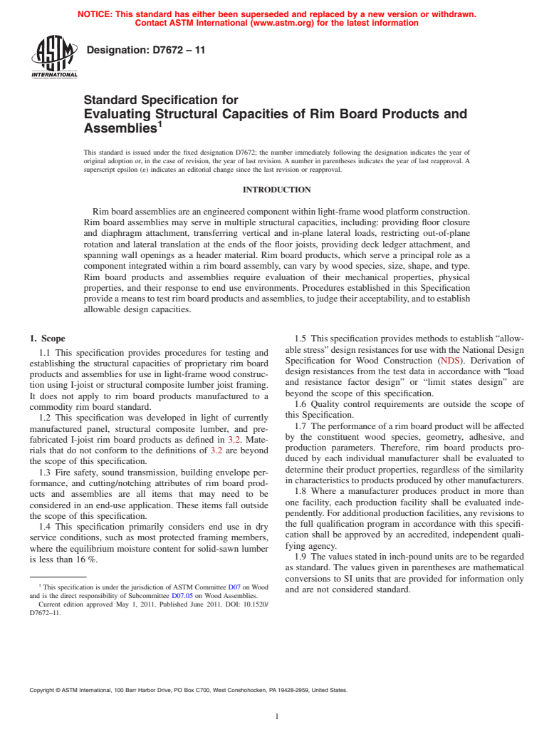 ASTM D7672-11 - Standard Specification for Evaluating Structural Capacities of Rim Board Products and Assemblies