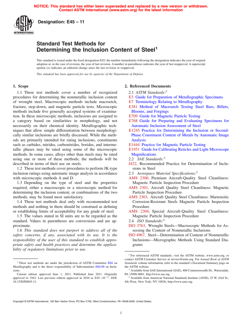 ASTM E45-11 - Standard Test Methods for  Determining the Inclusion Content of Steel