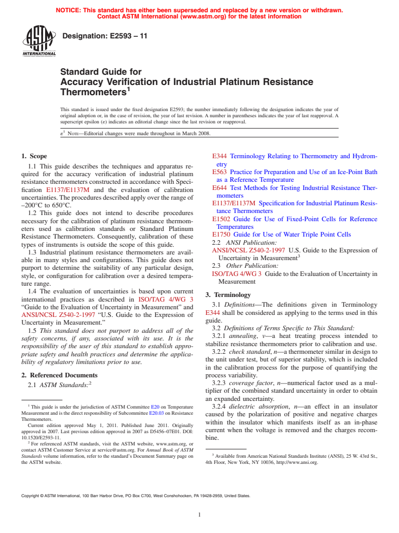 ASTM E2593-11 - Standard Guide for Accuracy Verification of Industrial Platinum Resistance Thermometers