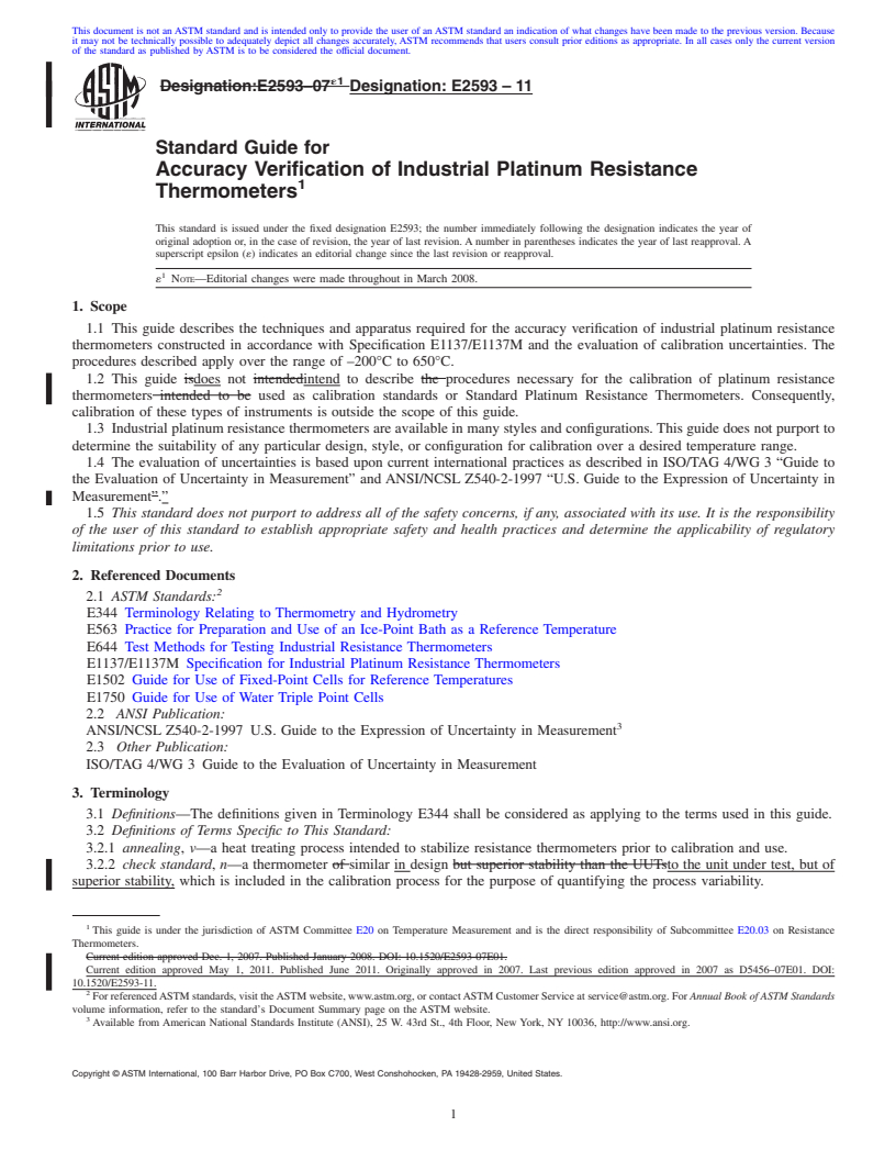 REDLINE ASTM E2593-11 - Standard Guide for Accuracy Verification of Industrial Platinum Resistance Thermometers