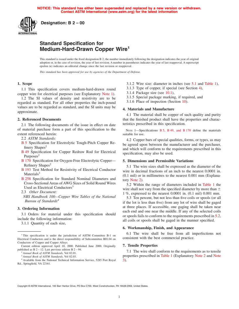 ASTM B2-00 - Standard Specification for Medium-Hard-Drawn Copper Wire