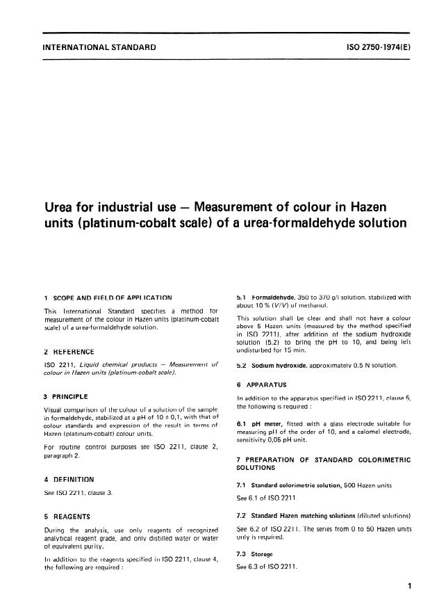 ISO 2750:1974 - Urea for industrial use -- Measurement of colour in Hazen units (platinum-cobalt scale) of a urea-formaldehyde solution