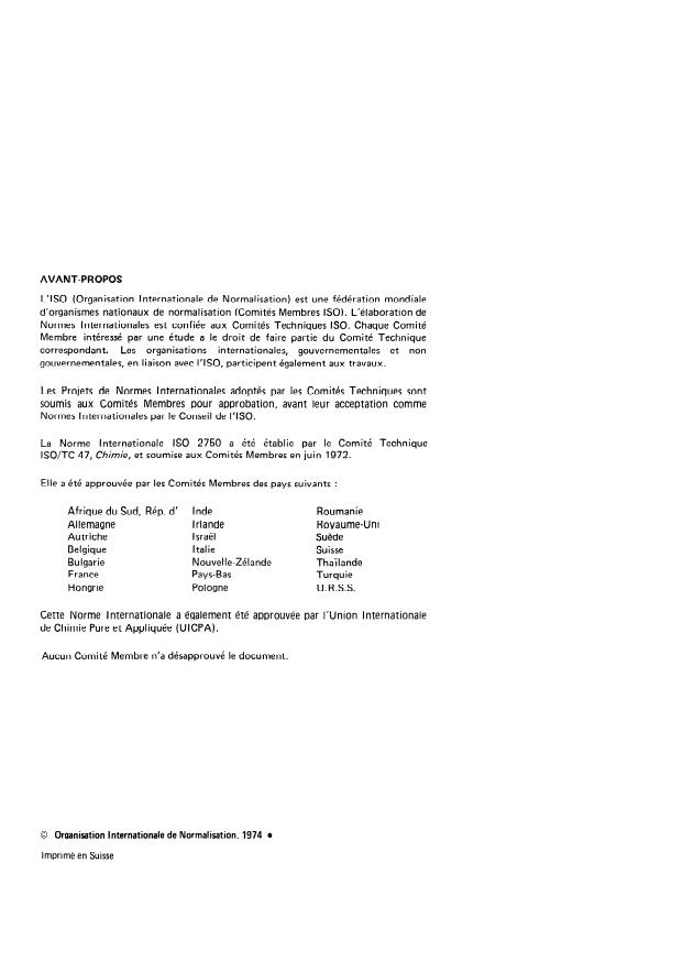 ISO 2750:1974 ISO 2750:1974 - Urée a usage industriel -- Détermination de la coloration d'une solution urée-formaldéhyde, en unité Hazen (échelle platine-cobalt) - Page 2 preview