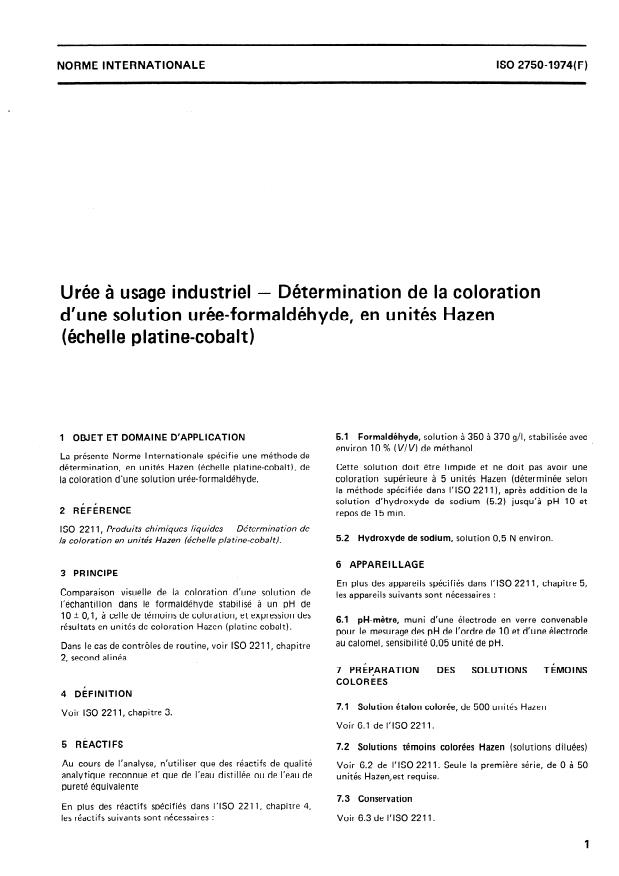 ISO 2750:1974 - Urée a usage industriel -- Détermination de la coloration d'une solution urée-formaldéhyde, en unité Hazen (échelle platine-cobalt)