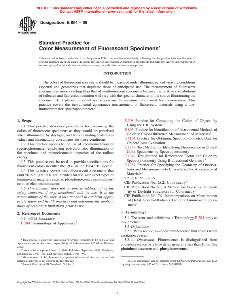 ASTM E991-98 - Standard Practice for Color Measurement of Fluorescent Specimens