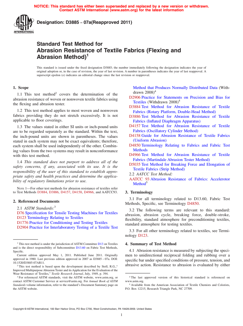 ASTM D3885-07a(2011) - Standard Test Method for  Abrasion Resistance of Textile Fabrics (Flexing and Abrasion Method)