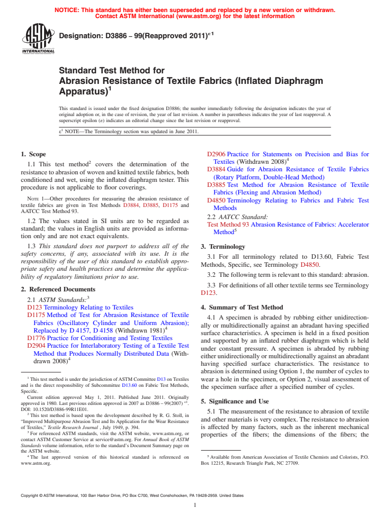 ASTM D3886-99(2011)e1 - Standard Test Method for  Abrasion Resistance of Textile Fabrics (Inflated Diaphragm Apparatus)