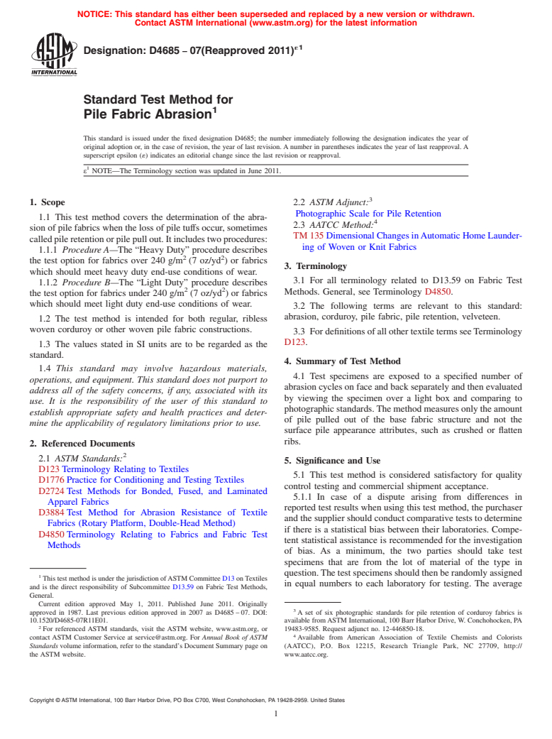 ASTM D4685-07(2011)e1 - Standard Test Method for Pile Fabric Abrasion