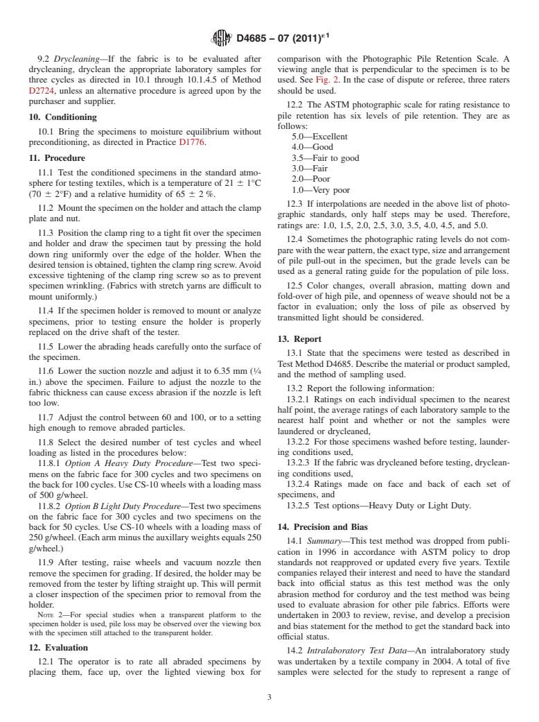 ASTM D4685-07(2011)e1 - Standard Test Method for Pile Fabric Abrasion