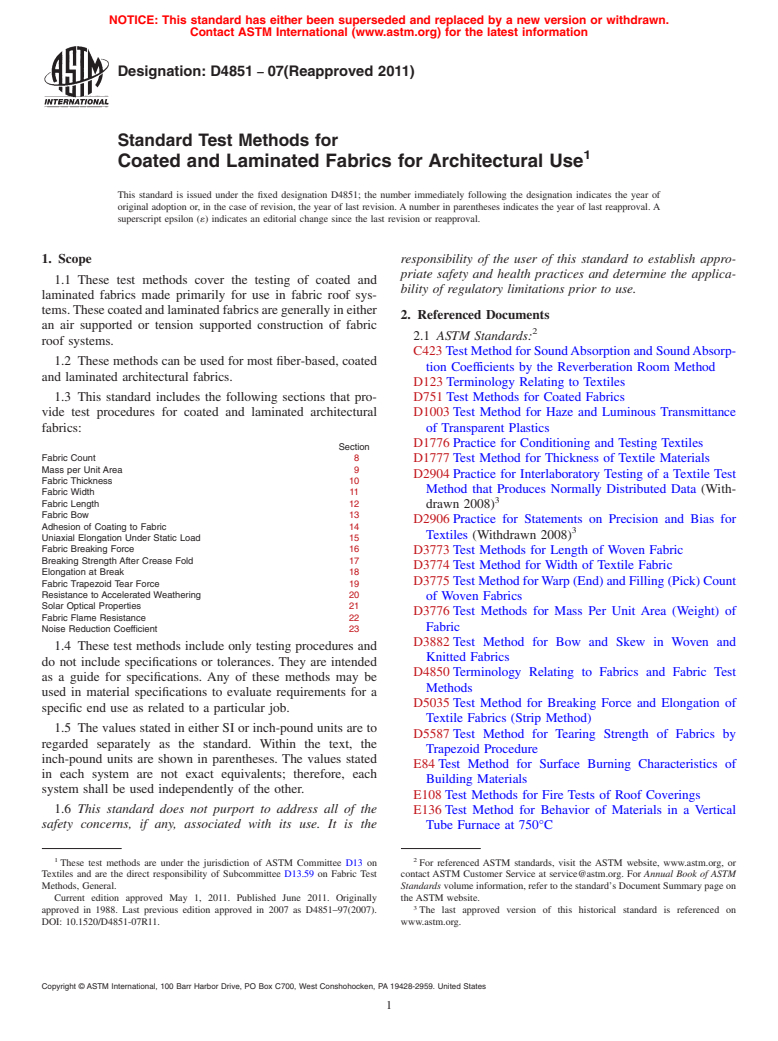 ASTM D4851-07(2011) - Standard Test Methods for Coated and Laminated Fabrics for Architectural Use