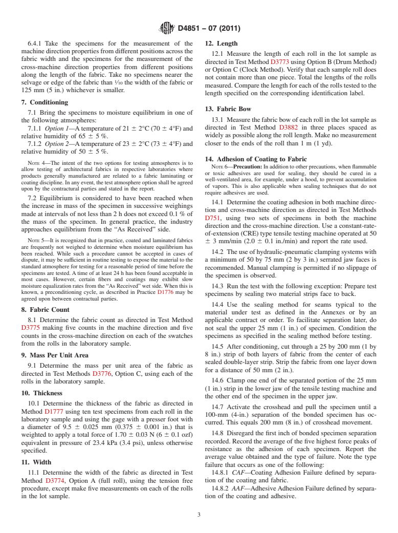 ASTM D4851-07(2011) - Standard Test Methods for Coated and Laminated Fabrics for Architectural Use