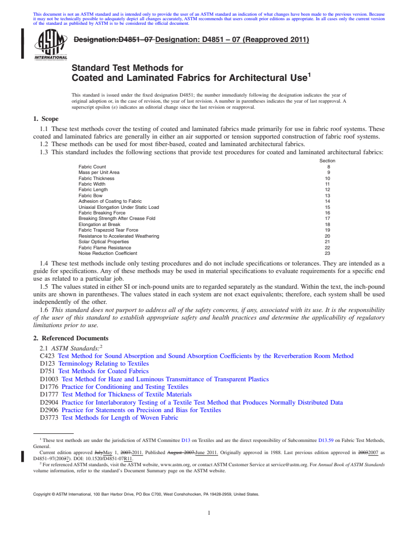 REDLINE ASTM D4851-07(2011) - Standard Test Methods for Coated and Laminated Fabrics for Architectural Use