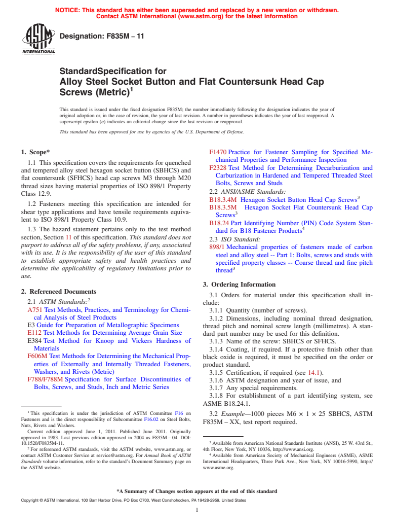 ASTM F835M-11 - Standard Specification for  Alloy Steel Socket Button and Flat Countersunk Head Cap Screws (Metric) (Withdrawn 2015)