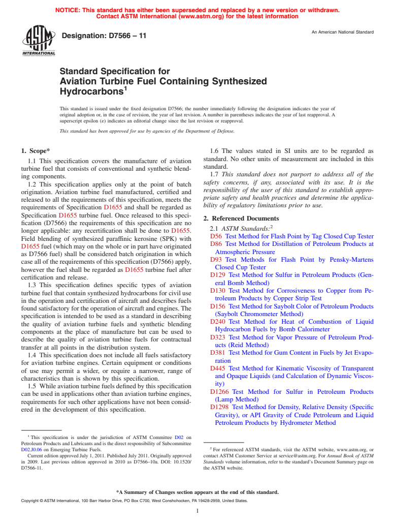 ASTM D7566-11 - Standard Specification for Aviation Turbine Fuel Containing Synthesized Hydrocarbons