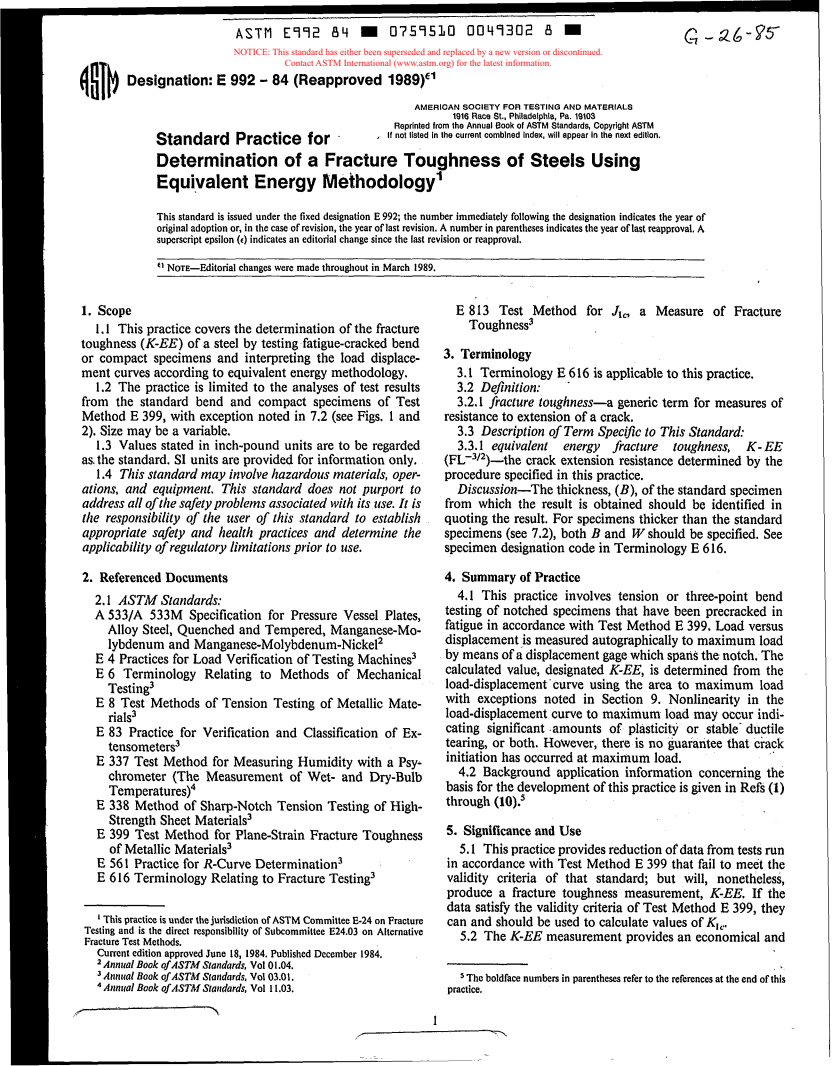 ASTM E992-84(1989)E01 - Practice for Determination of Fracture Toughness of Steels Using Equivalent Energy Methodology (Withdrawn 1997)