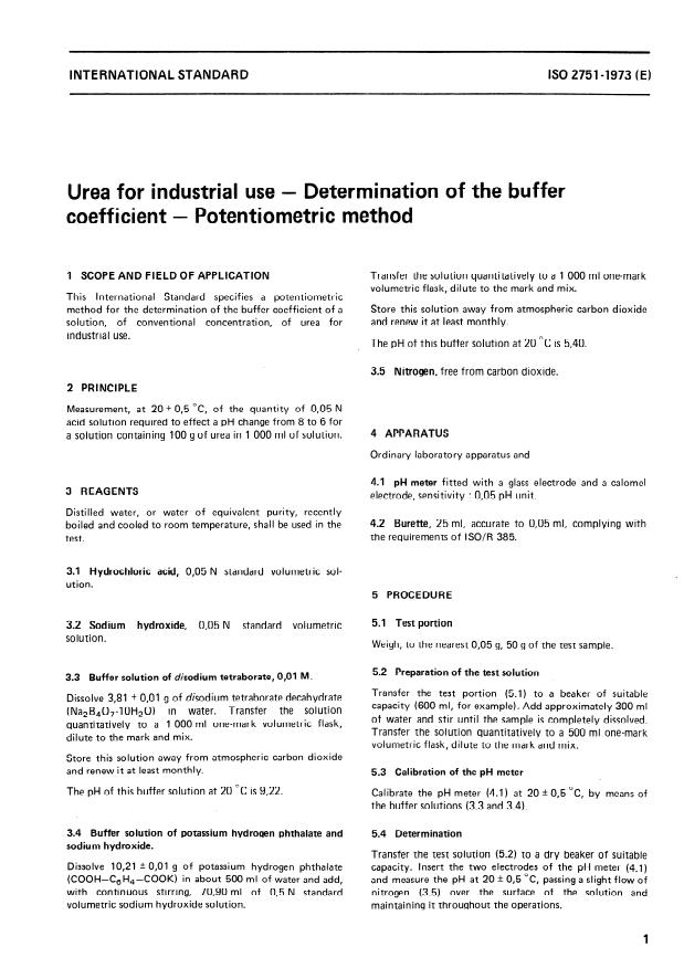 ISO 2751:1973 - Urea for industrial use -- Determination of the buffer coefficient -- Potentiometric method